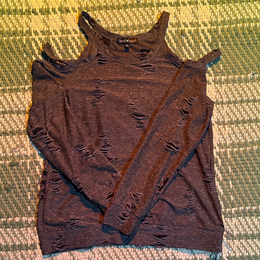 Derek Heart Charcoal Distressed Cold Shoulder Sweatshirt